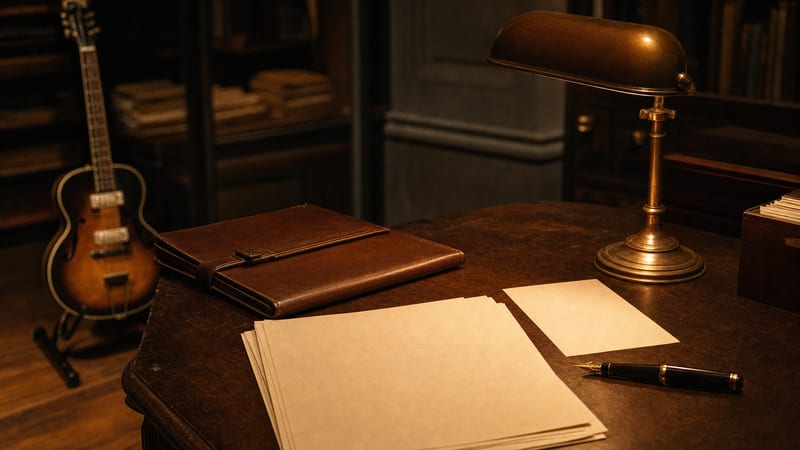 Warm amber archival workspace with blank papers, leather folder, brass lamp, and a guitar resting on a stand in the background, with no readable text or logos.