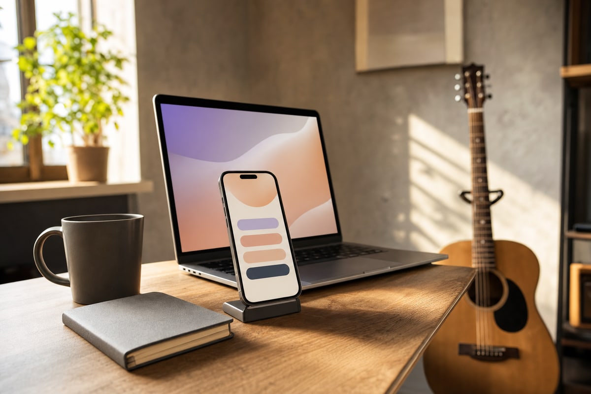 A smartphone on a desk stand showing a music landing page with stacked platform buttons, beside a laptop and an acoustic guitar resting nearby