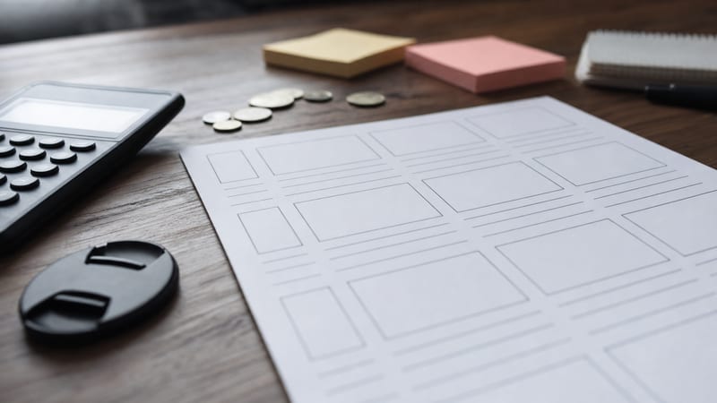 A planning desk with a blank storyboard sheet, sticky notes, a few coins, and a camera lens cap under warm light.