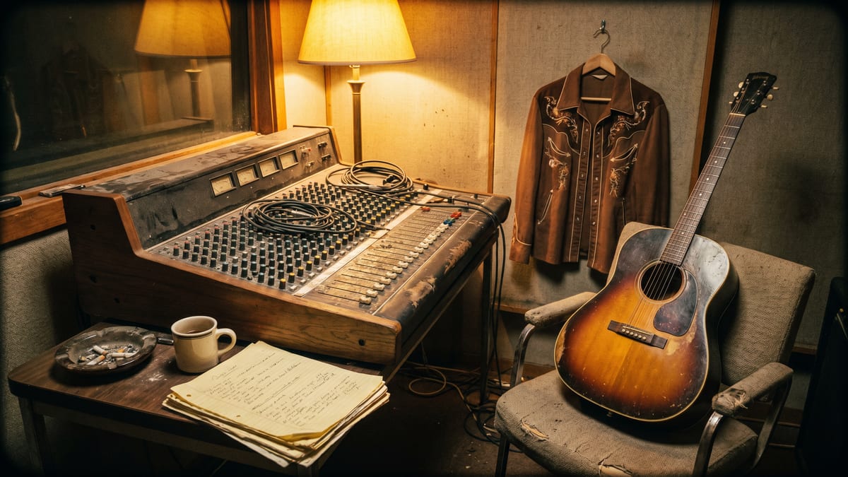 Editorial illustration of an outlaw country recording session at night: a road-worn acoustic guitar on a chair, a reel-to-reel tape machine warmed by lamplight, a notebook with handwritten verses, and a window opening onto a Nashville skyline with the Texas sky in the distance.