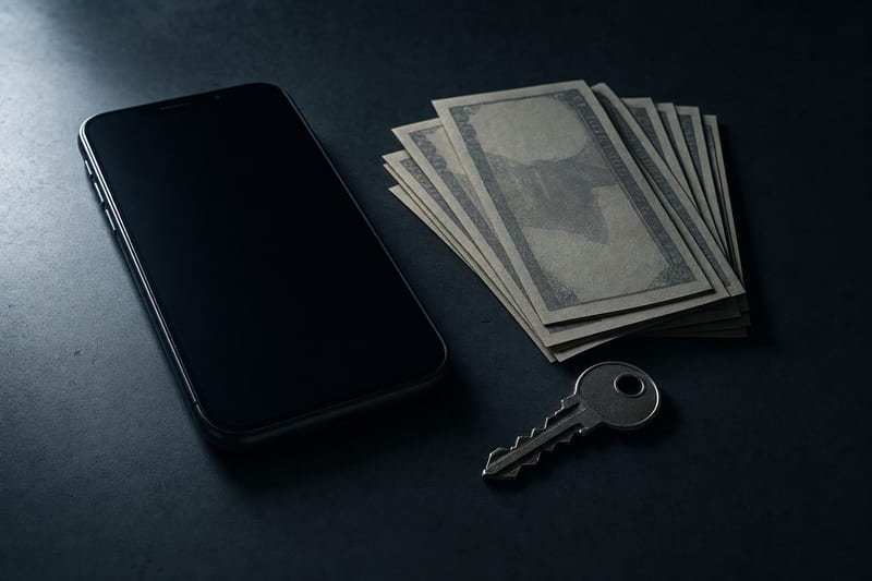 A dark caution still life featuring a blank phone, cash, and a key
