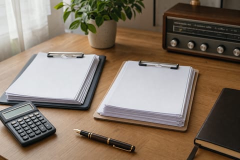 An organized desk with two separate royalty statement stacks, a calculator, a pen, and a small radio tuner in warm natural light