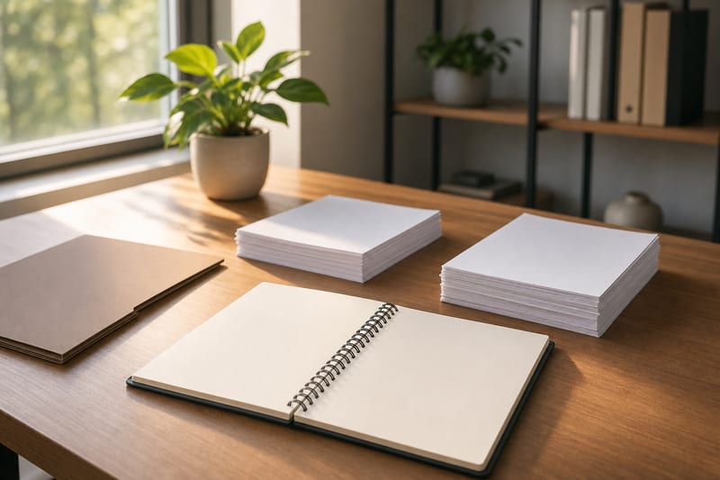 Two neat stacks of blank paper and an open blank notebook on a sunlit wooden desk beside a pen, suggesting two separate assets.