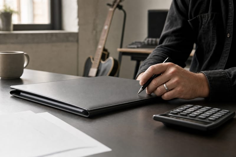 Hand holding a pen beside a contract folder and a calculator on a desk.