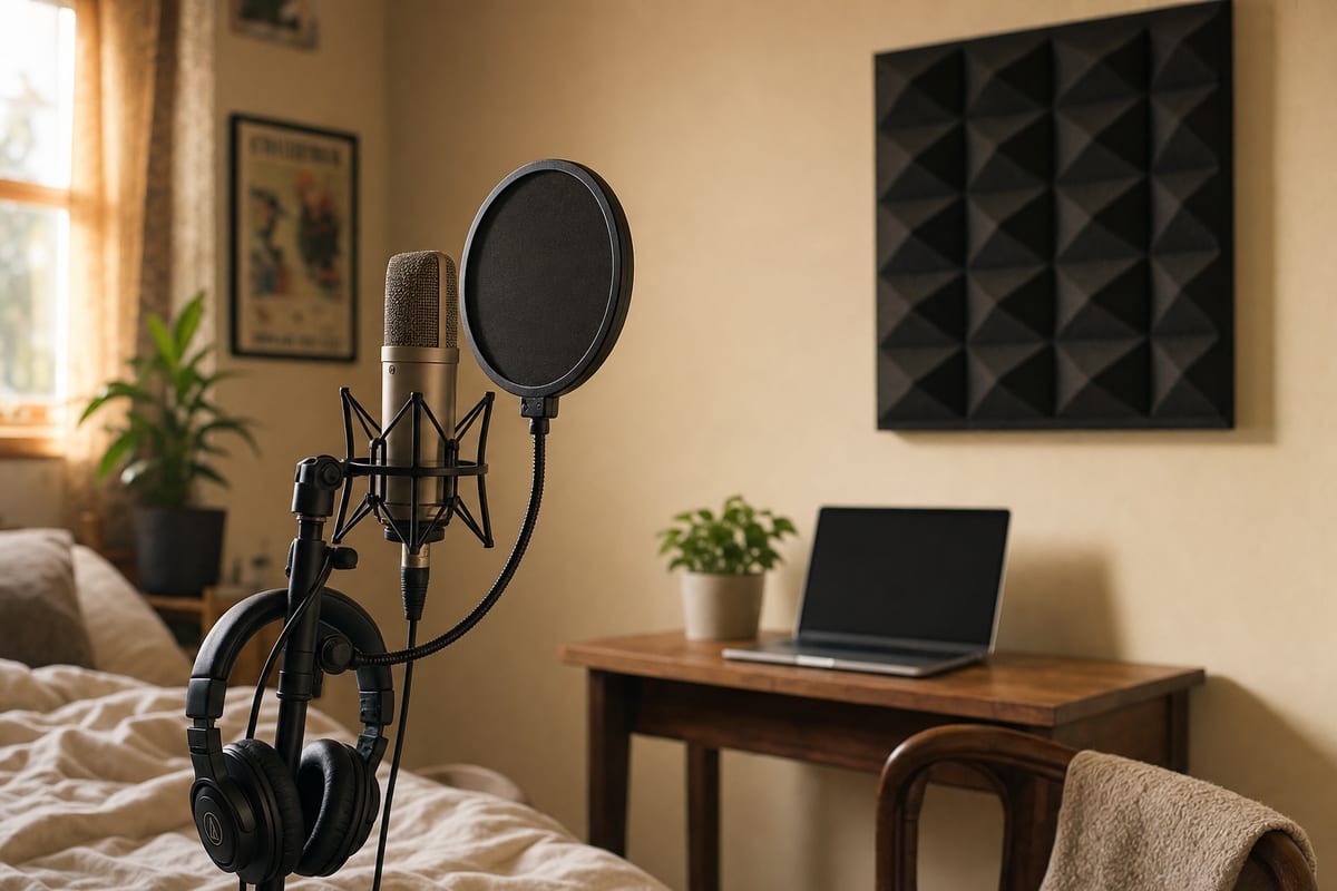 Editorial photo: a home vocal booth setup with a microphone, pop filter, and blankets hung on the wall behind it, soft lamp light, no readable text