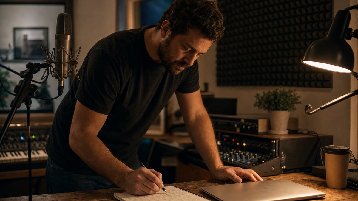 Editorial photograph of a music producer in a plain dark t-shirt leaning over a studio desk writing in a spiral notebook, a condenser microphone stand to the left, acoustic foam panels on the wall, warm desk lamp light, studio gear visible in background, no readable text or logos.