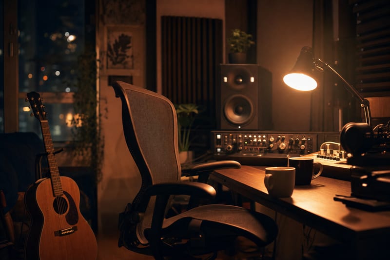 A warmly lit home studio at night with a producer chair, monitor speaker, and an acoustic guitar resting on a stand.