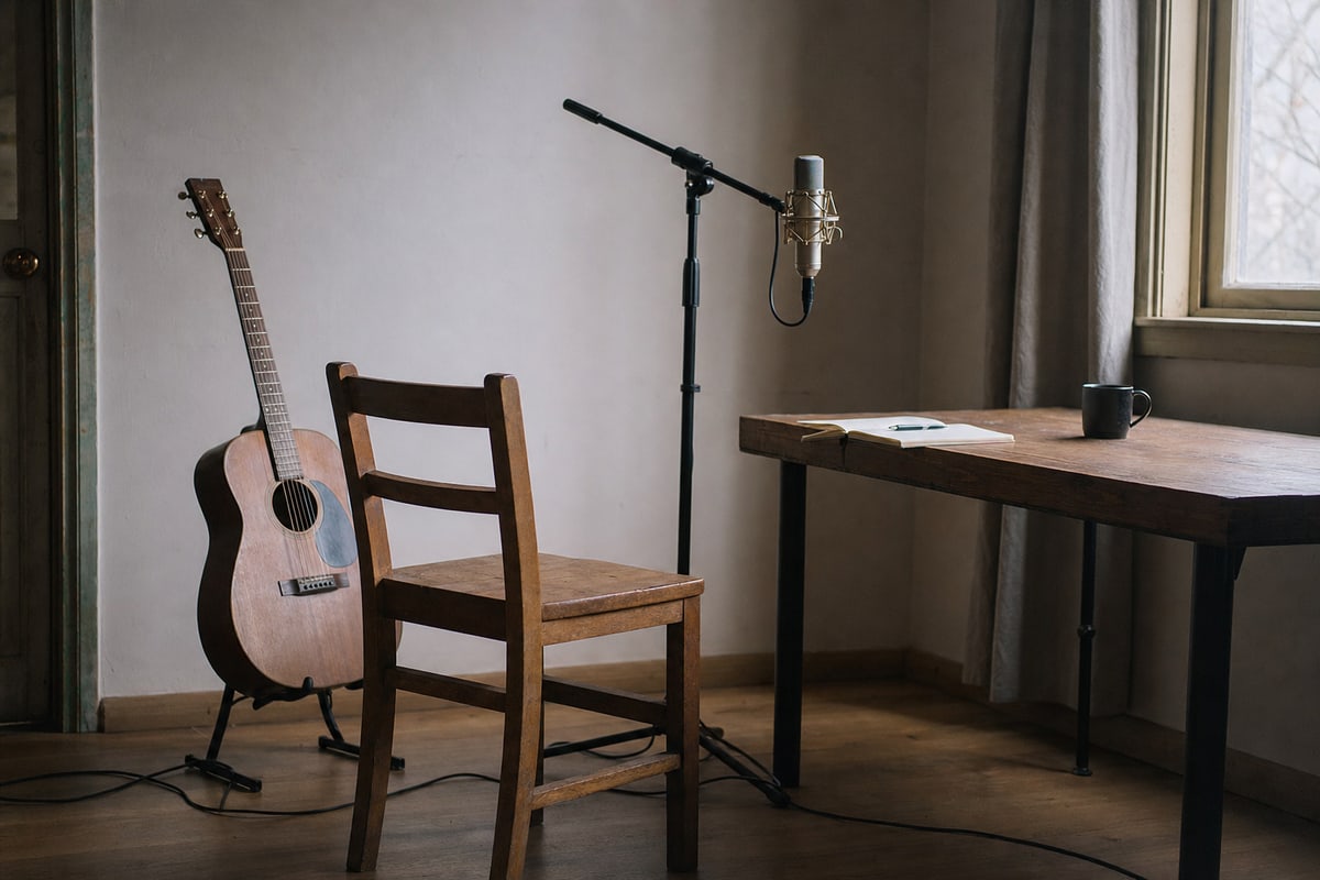Photograph of a quiet writing room with a small-body acoustic guitar leaning against the wall to the left, a plain wooden ladder-back chair facing into the room, a microphone on a stand in the foreground, a long wooden writing table along the right wall holding a notebook and a ceramic mug, a curtained window above the table, and a warm wood floor.