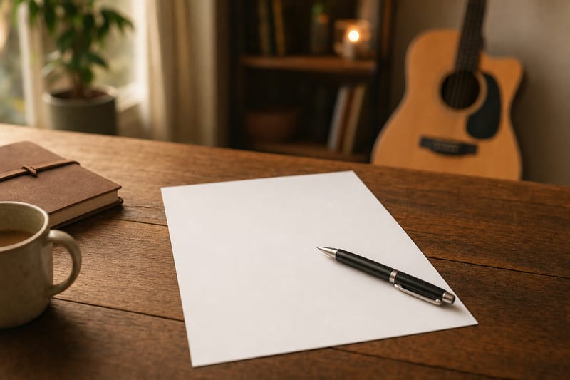 A blank printed document and a pen resting on a wooden table beside an acoustic guitar leaning against the wall in warm light.