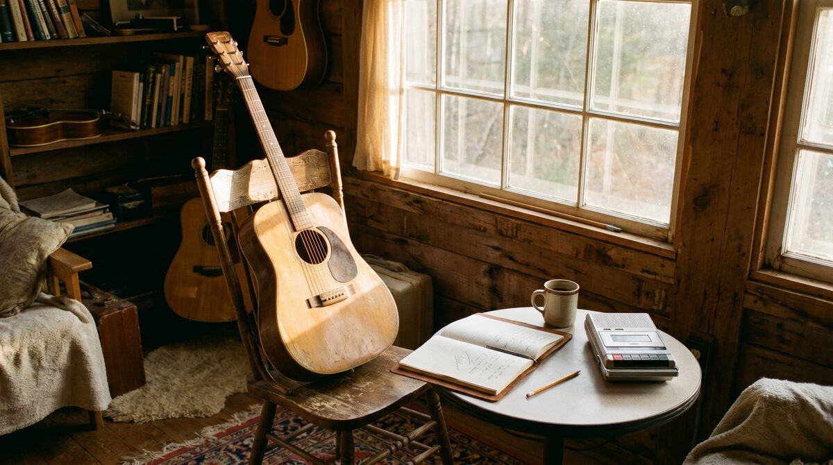 A quiet songwriting room with an acoustic guitar, notebook, pencil, coffee cup, and recorder in warm window light.