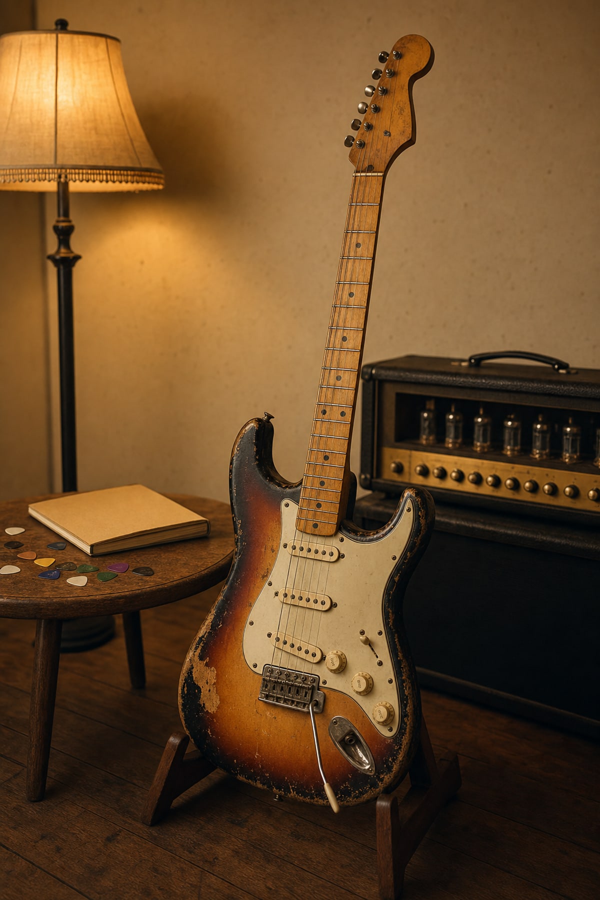 Photograph of a worn sunburst electric guitar on a wooden floor stand in a rehearsal room with warm incandescent lamp light, a vintage tube amplifier visible in the background, guitar picks scattered on a small wooden table beside it, a blank notebook closed face-down. No people, no readable text. Documentary still-life, Southern rock workshop atmosphere, warm amber tones.
