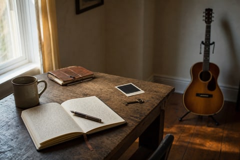 Photograph of a songwriter's writing table in warm side window light: an open notebook with blurred handwriting, a fountain pen, a ceramic coffee mug, a small vintage key on the worn wooden surface.