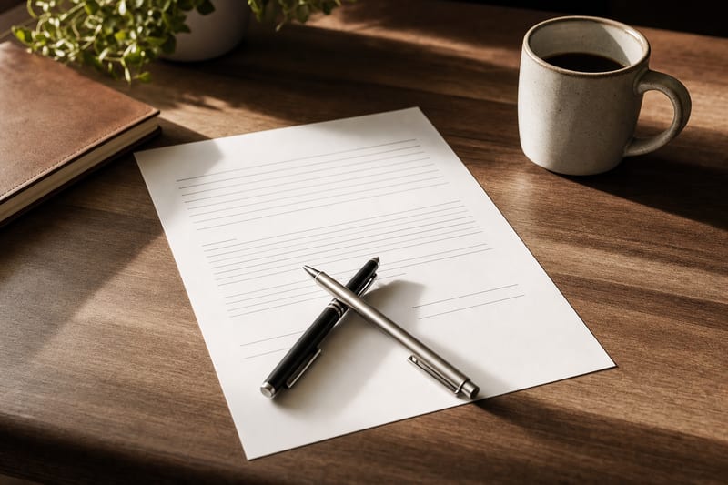 A paper agreement on a desk with pens and a coffee mug, with no readable text.