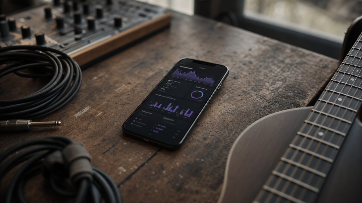 A smartphone displaying a Spotify for Artists analytics screen with a low stream count, held in a hand above a home studio desk with an audio interface and a guitar neck in soft focus.