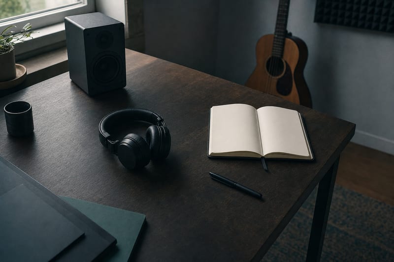 Cool slate-blue studio desk with a blank notebook, headphones, a small speaker, and a guitar leaning against a distant wall.