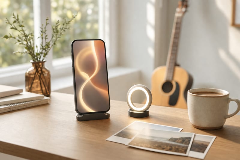 A smartphone on a stand playing a soft looping abstract visual, a small ring light and a coffee beside it on a bright desk, an acoustic guitar resting against a wall in the background