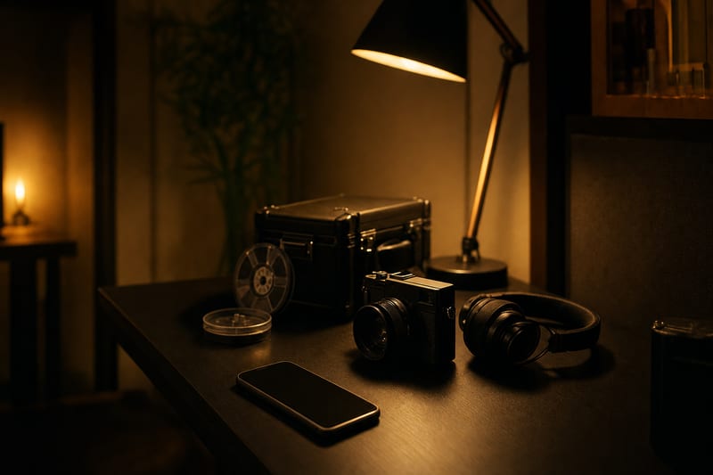 Dark amber studio corner with a blank phone, compact camera, headphones, closed hard case, and reel case.