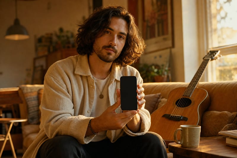 Editorial photo: a phone screen showing a music app countdown timer resting on a table next to headphones, soft daylight, no readable text