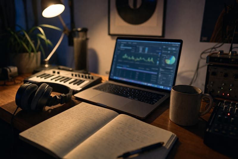 A musician reviewing streaming analytics on a laptop at a small desk with headphones and a notebook.