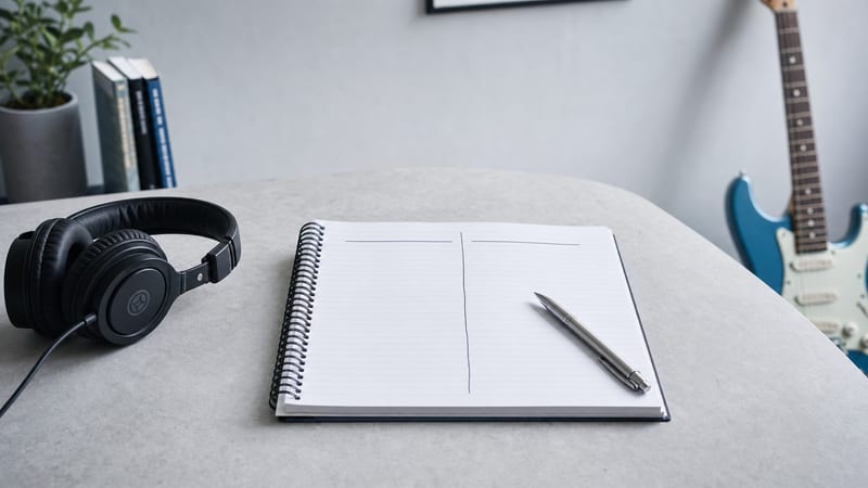 An open notebook divided into two columns with handwritten headers, beside over-ear headphones and a pen on a cool grey desk, with an electric guitar resting in the background