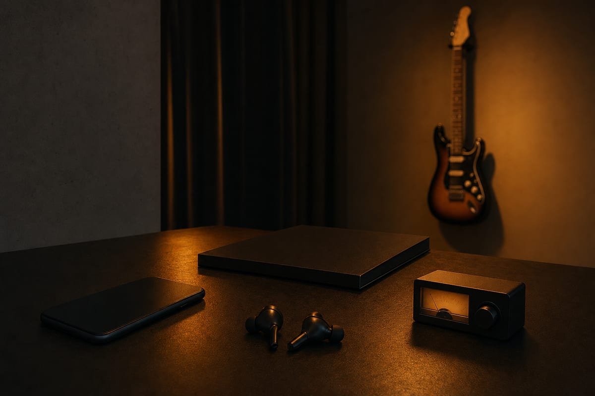 Moody amber studio table with a blank phone face down, earbuds, closed record sleeve, analog meter, and a wall-hung guitar.