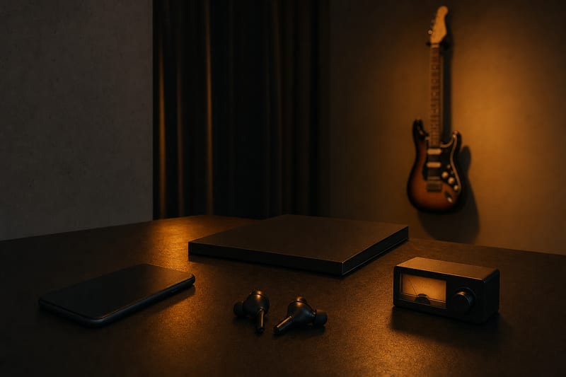 Moody amber studio table with a blank phone face down, earbuds, closed record sleeve, analog meter, and a wall-hung guitar.