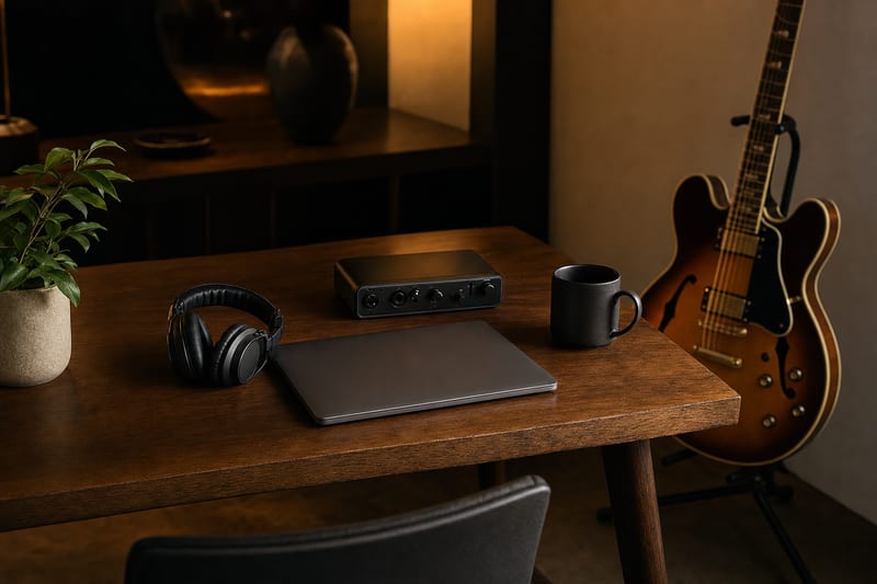 Dark amber studio desk with a closed laptop, headphones, audio interface, and resting hollow-body guitar beside a plant.