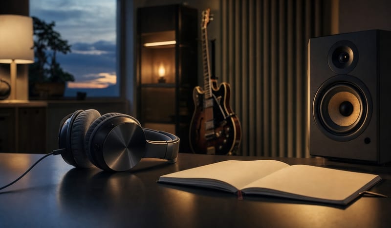 A cool blue grey listening studio with headphones, a blank notebook, an unbranded speaker, and a guitar resting on a stand in the background at dusk, with no readable text or logos.