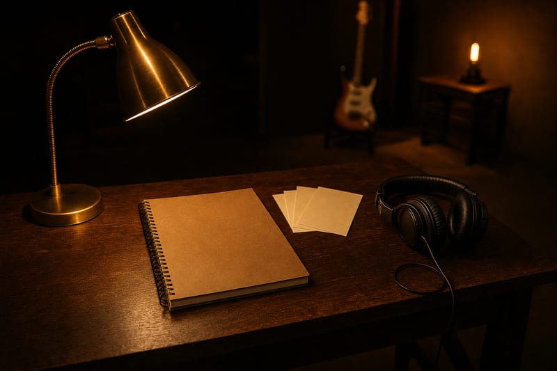 Warm amber studio desk with a closed spiral notebook, blank cards, headphones, and a guitar resting on a stand in the background.