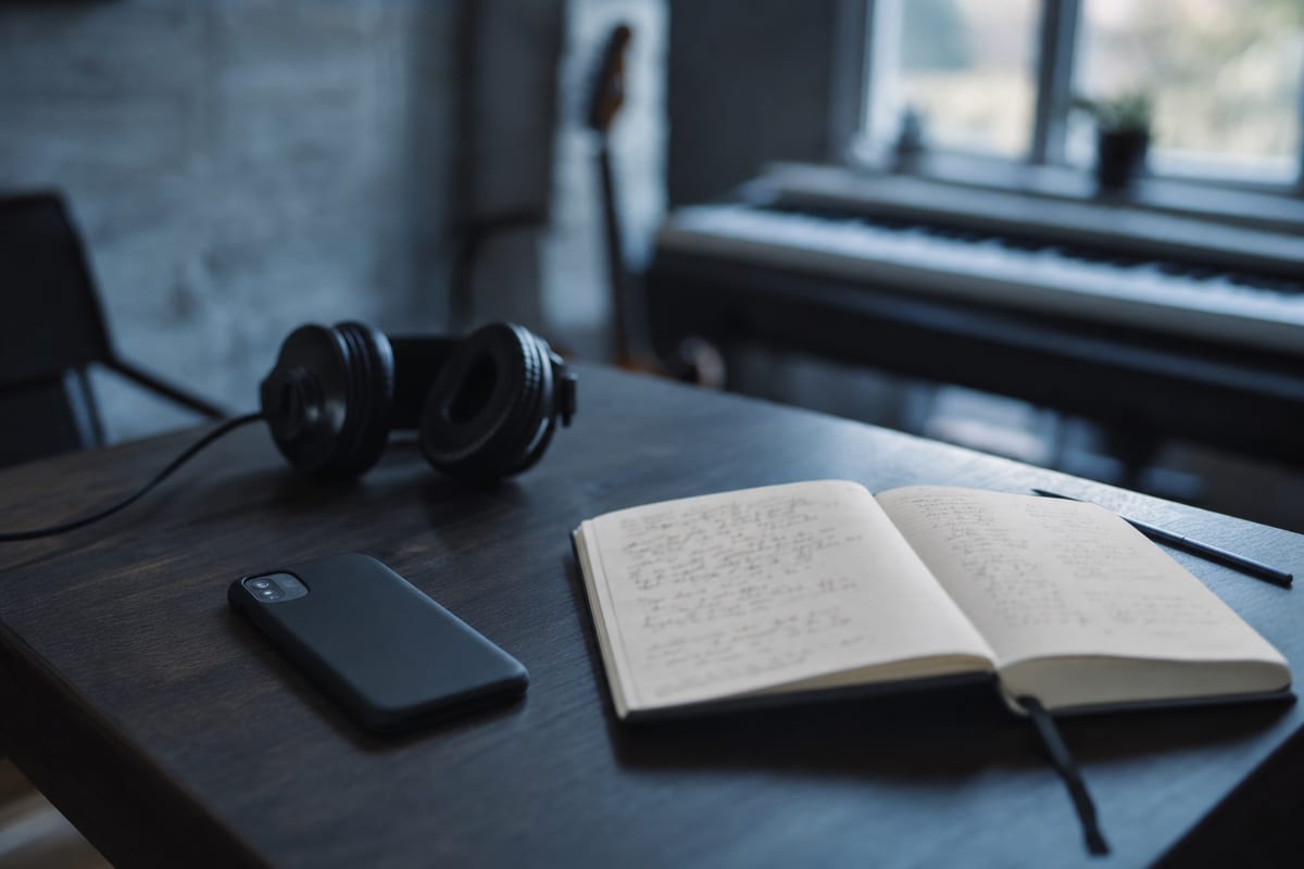 A phone showing a music app screen out of focus on a desk with a notebook and headphones, suggesting analytics without readable text.