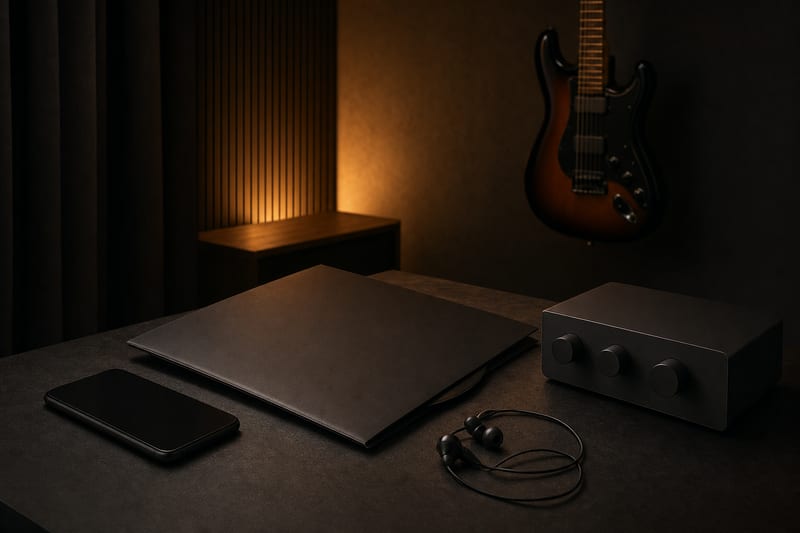 Dark charcoal studio table with a closed record sleeve, blank phone, unmarked control box, earbuds, and a small wall-hung guitar.