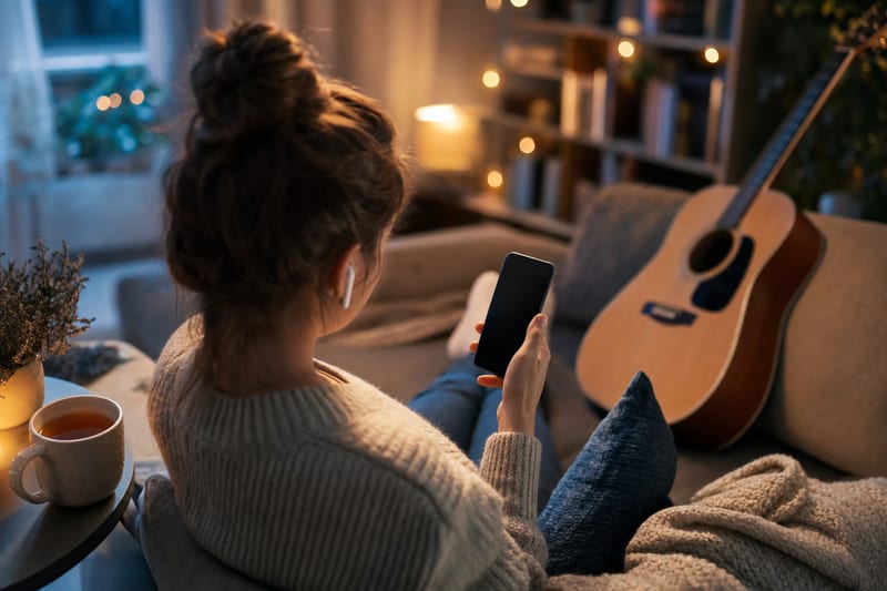 Editorial photo: a phone screen showing a personalized playlist interface resting on a desk next to headphones, soft morning light, no readable text