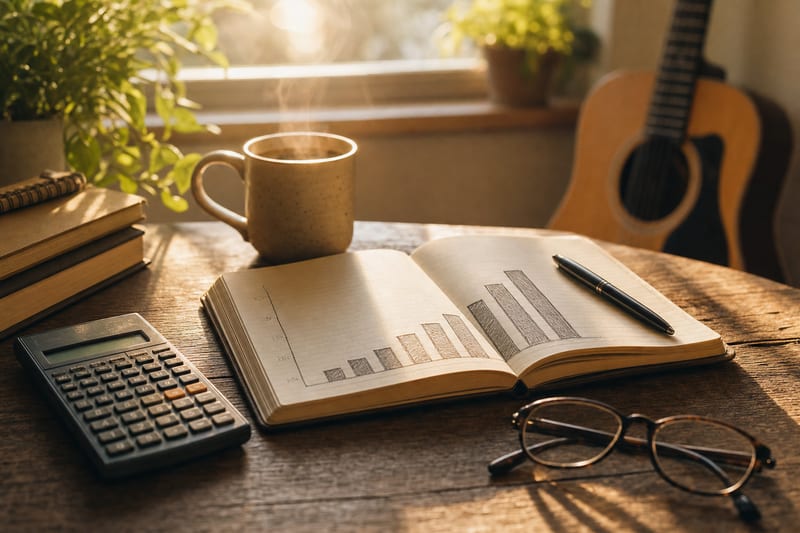 A notebook with a hand-drawn chart and a calculator on a desk, used to plan Spotify streaming earnings.