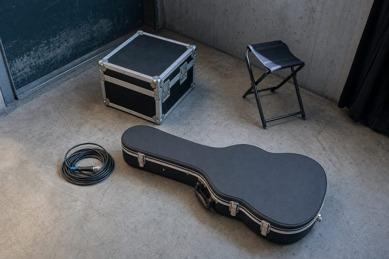 Cool blue-grey club stage with a microphone, closed folder on a stool, and electric guitar resting safely on a stand.