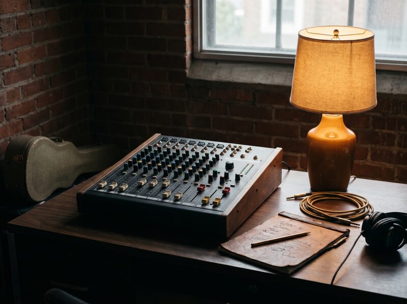 Mixer, notebook, and restrained studio arrangement workspace.