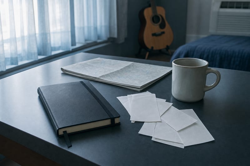 Cool slate motel table with a closed travel notebook, blank receipts, folded map, coffee mug, and a small guitar resting on a stand.