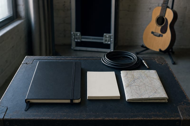 Cool blue-gray backstage table with a closed black setlist notebook, blank cards, folded map, cable, and a small guitar resting on a stand.