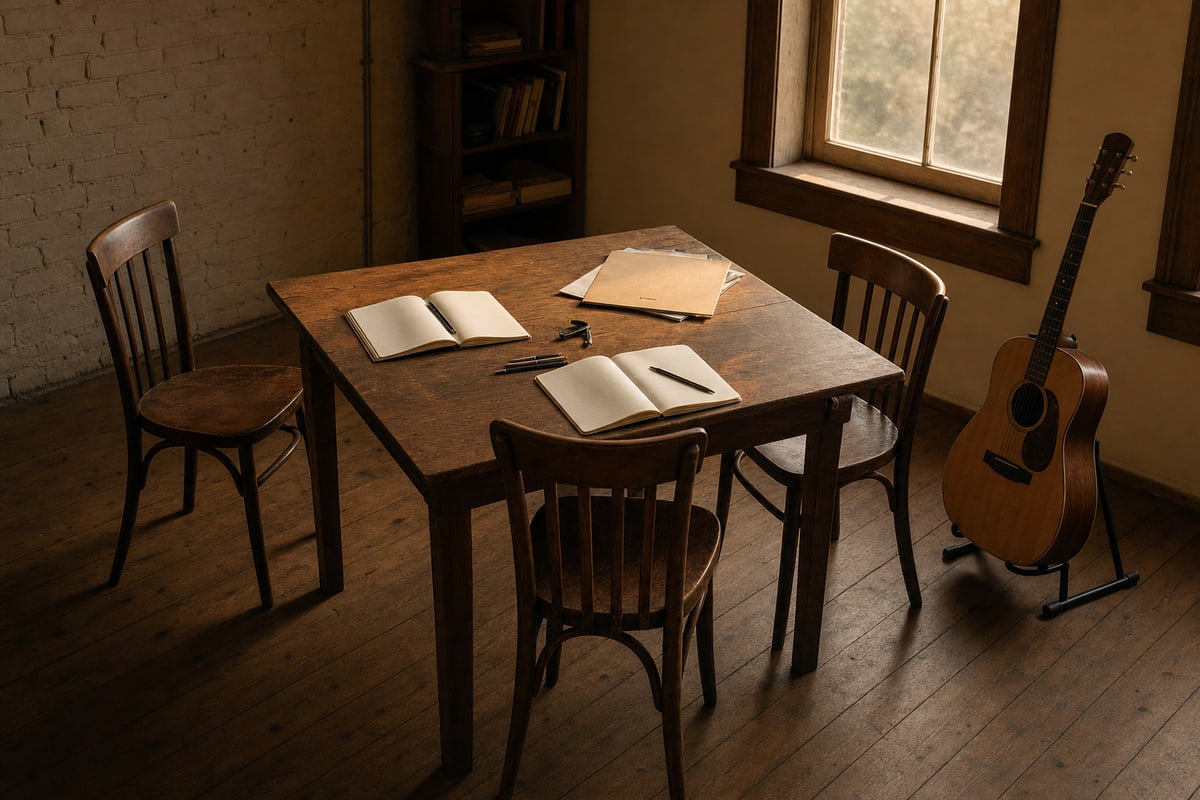 Photograph of three empty wooden chairs around a modest wooden table in warm evening light: open notebooks, a guitar capo, pencils, and blank record sleeves turned face-away on the table. An acoustic guitar leans on a floor stand away from the wall with clear open floor space. No people, no text. Documentary magazine photography, restrained natural Americana color, quiet serious mood.