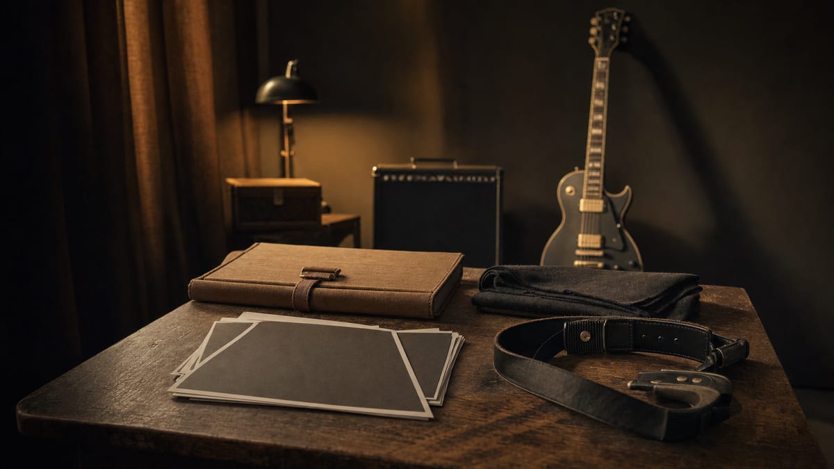 Dark amber rehearsal room with a closed tan portfolio, blank photo prints, camera strap, folded cloth, and a small intact guitar on a wall hanger.