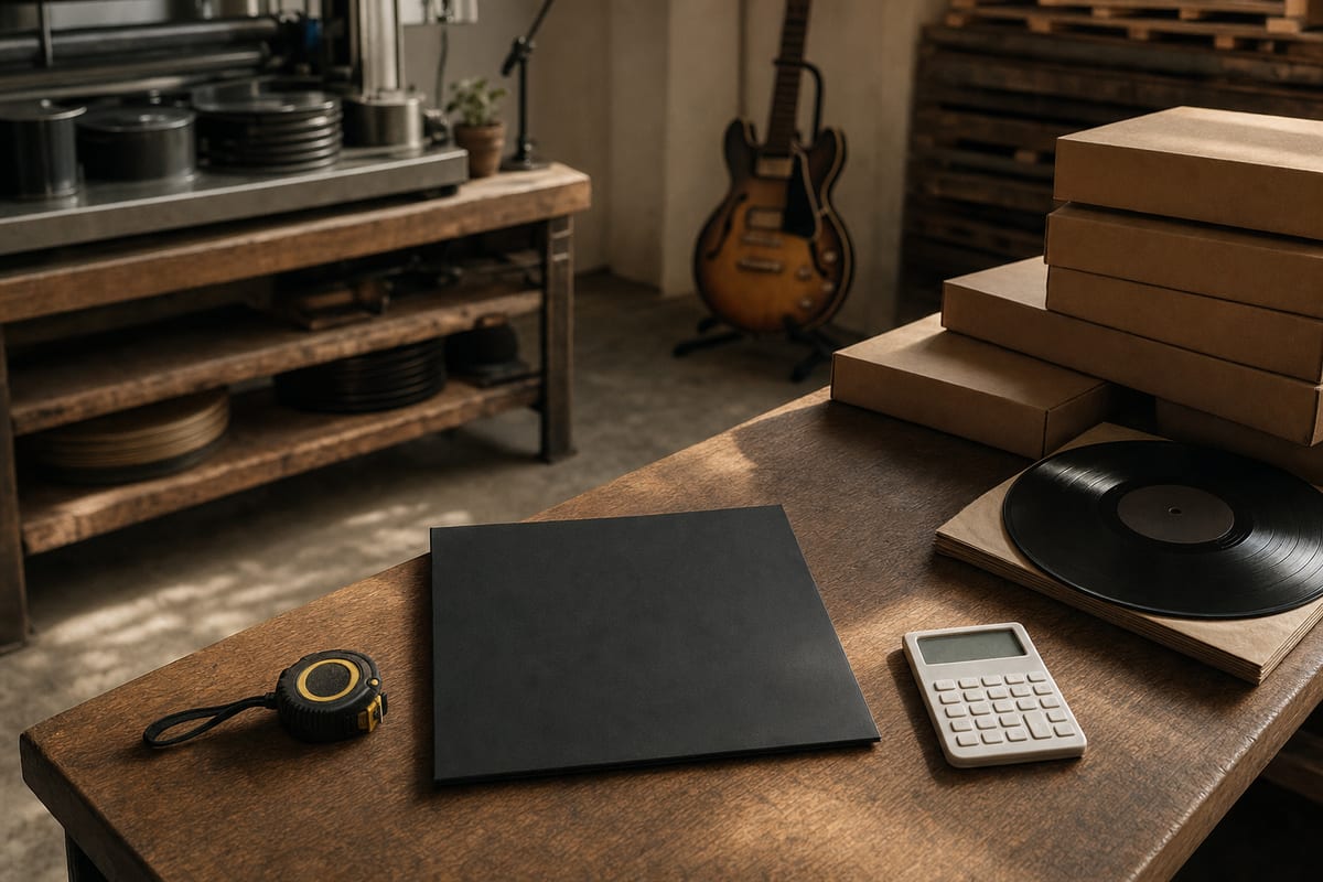 Warm record pressing workbench with a closed sleeve, blank calculator, measuring tape, cartons, and a small guitar resting on a stand.