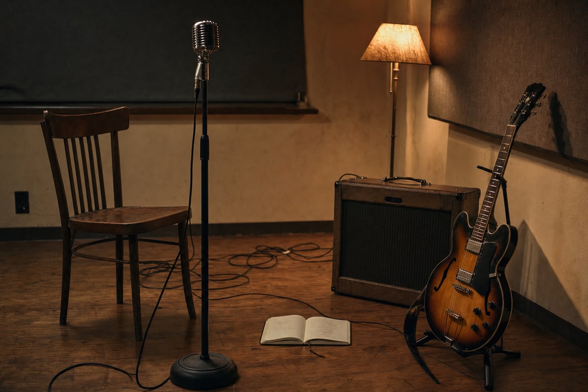 Photograph of a small dimly lit performance room: a vintage ribbon-style stage microphone on a chrome stand at center, a wooden chair on the left with cables coiled behind it, a sunburst semi-hollow electric guitar on a stand to the right next to a small combo amp, an open lyric notebook on the wooden floor in front of the chair, and warm tungsten light from a shaded lamp on top of the amp.