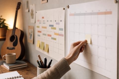 A wall calendar and notebook on a desk with an acoustic guitar resting on a stand in the background