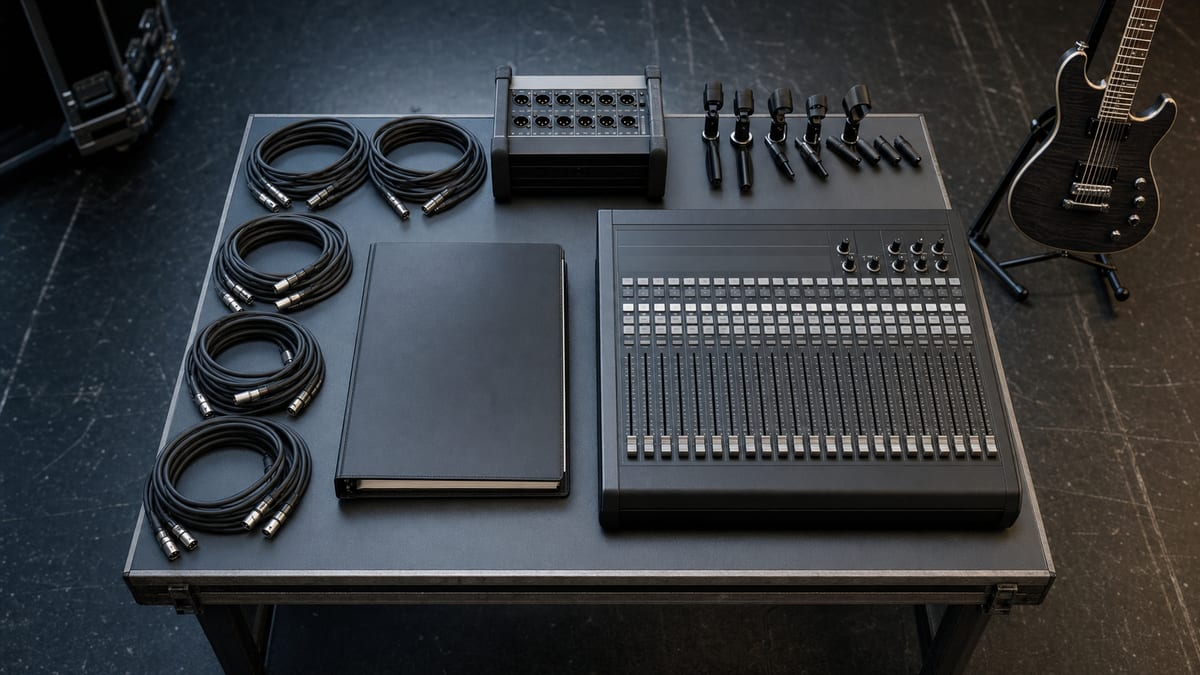 Cool blue gray backstage worktable with a closed black binder, coiled XLR cables, a stagebox, microphones, and an intact electric guitar resting on a stand.