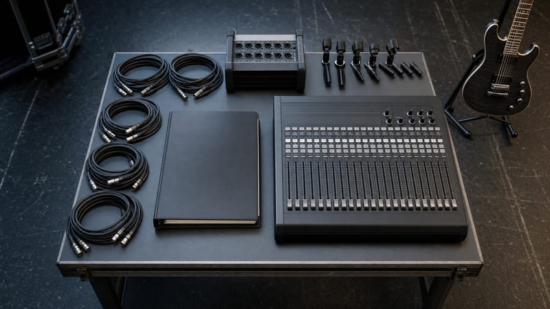 Cool blue gray backstage worktable with a closed black binder, coiled XLR cables, a stagebox, microphones, and an intact electric guitar resting on a stand.