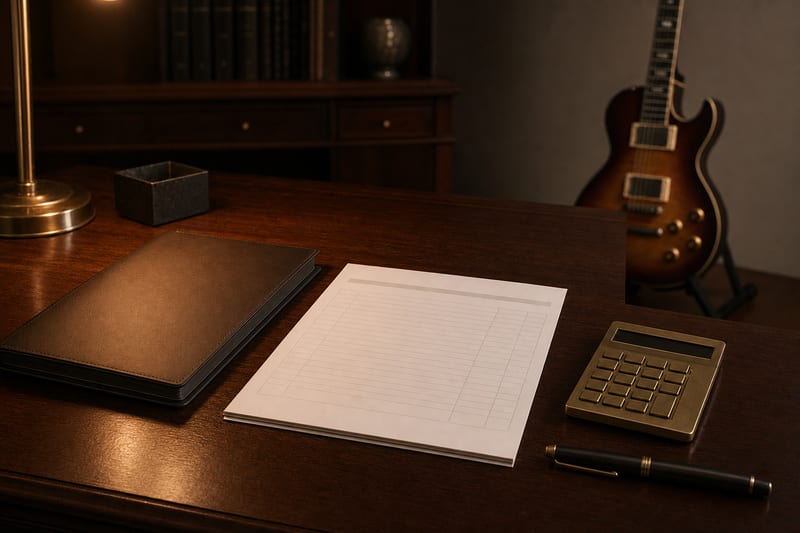Dark amber office desk with a closed catalog folder, blank royalty statement, brass calculator, capped pen, and a small intact electric guitar resting on a stand in the background.