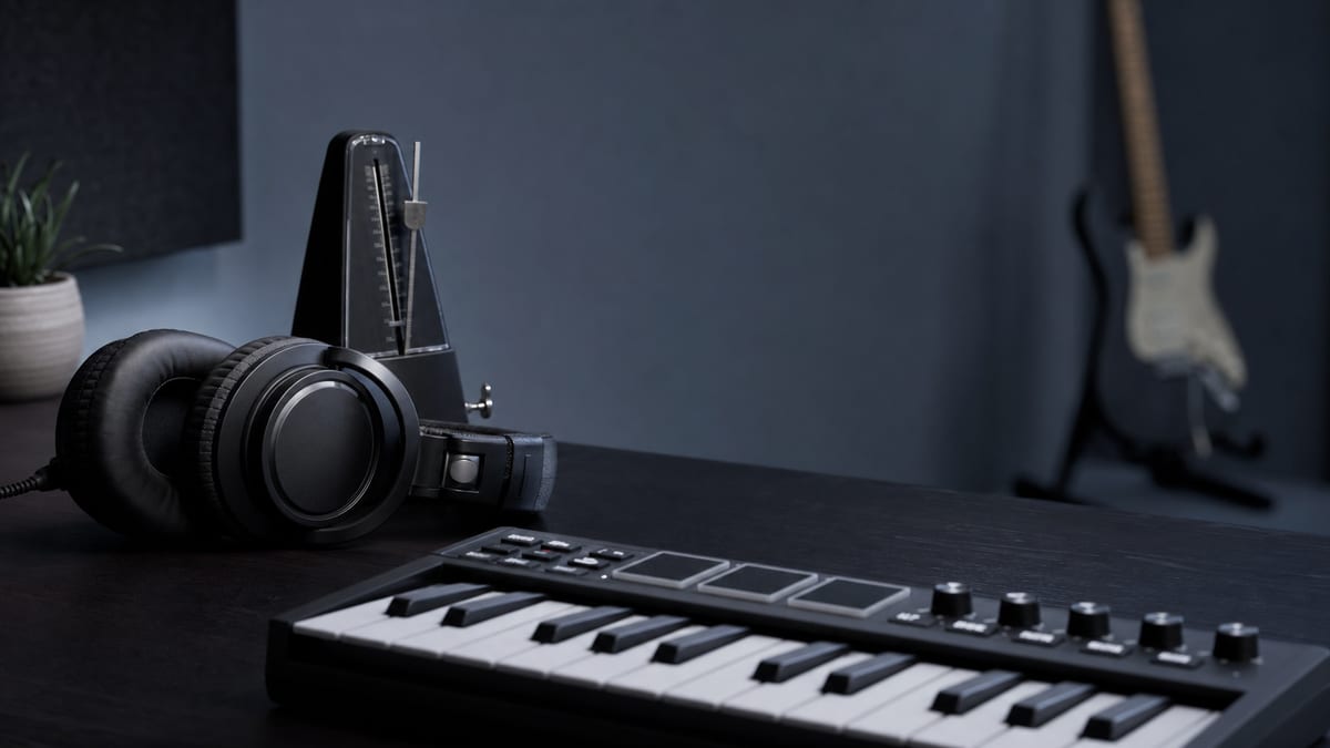 Studio headphones and a metronome on a dark desk beside a small MIDI keyboard, with a guitar blurred in the background.