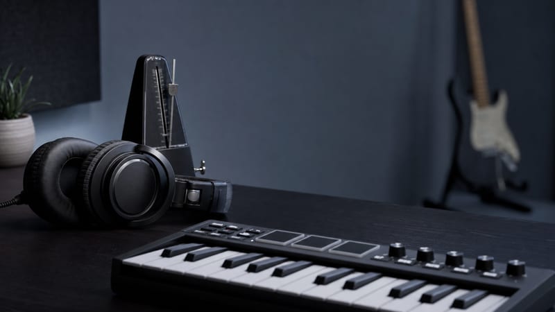 Studio headphones and a metronome on a dark desk beside a small MIDI keyboard, with a guitar blurred in the background.