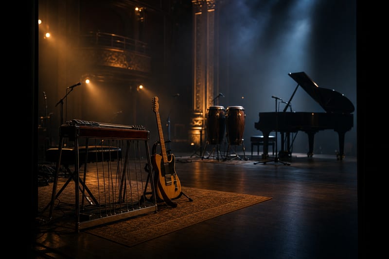 A dim concert stage between sets with a pedal steel, an electric guitar on a stand, congas, and a grand piano under amber and blue light.