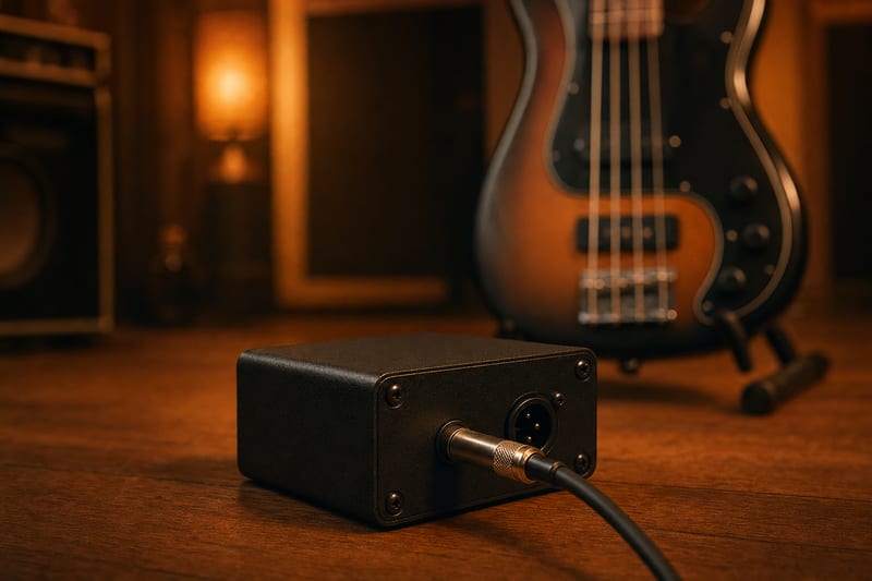 A small black direct box on a wooden studio floor with an instrument cable plugged in and a bass guitar resting on a stand behind it.