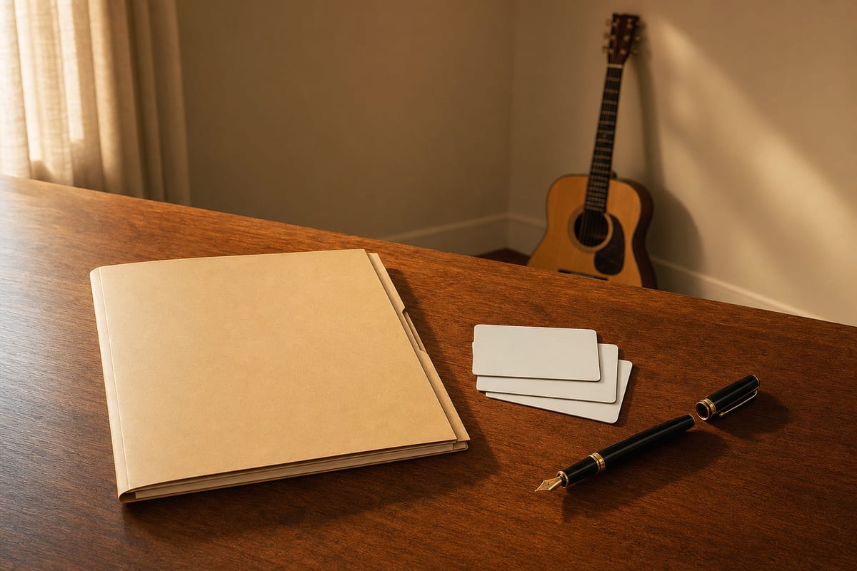 Warm amber desk with a closed tan contract folder, blank credit cards, fountain pen, and a small intact acoustic guitar leaning against a wall in the background.